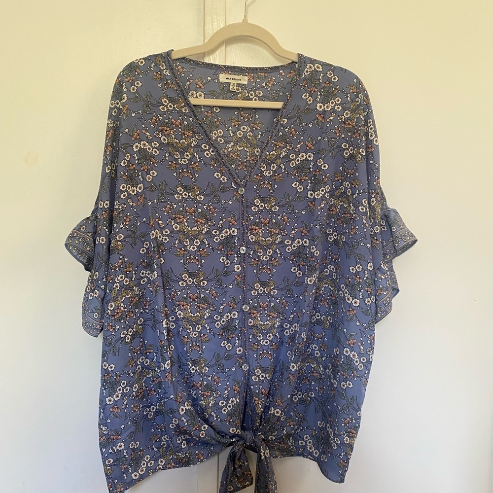 Max Studio Floral Blue Blouse 1X